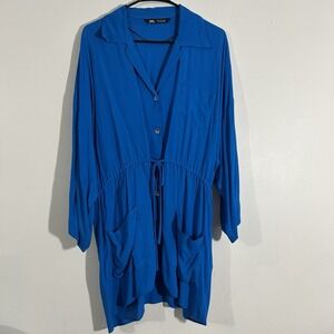 Zara Women's Blue Button Up Shirt Dress Size Small Long Sleeve Flowy Fit